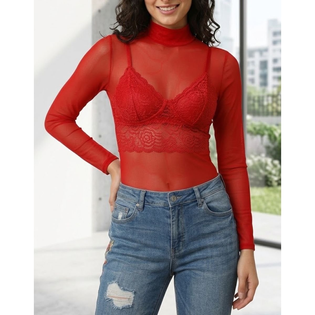 VIA7 - Blusa Transparente de Malla - Cuello Alto si incluye top