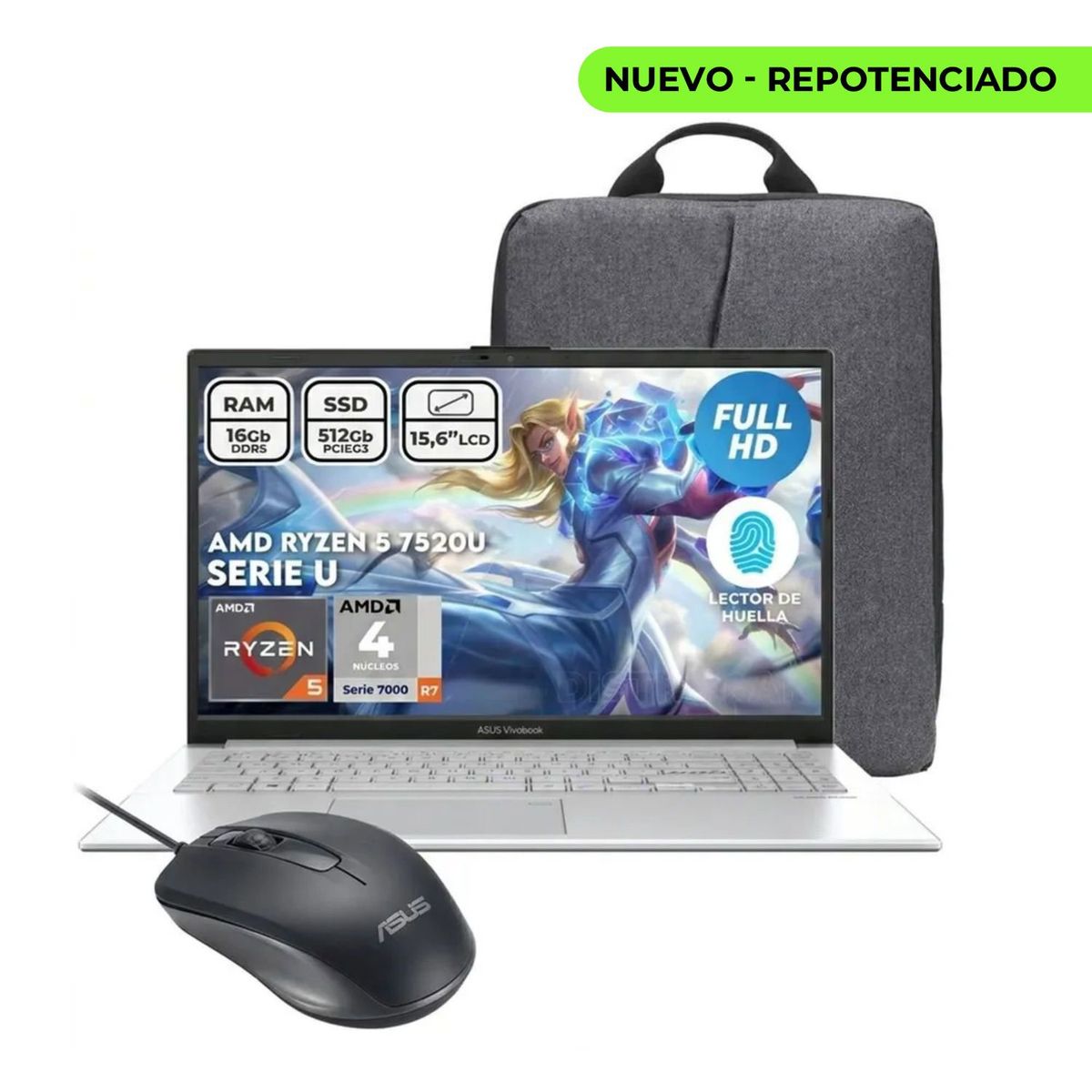 ASUS - PORTATIL  ASUS VIVOBOOK - RYZEN 5 7520U - DDR5 16GB - SSD 512 GB - 15.6" FHD + MALETA Y MOUSE