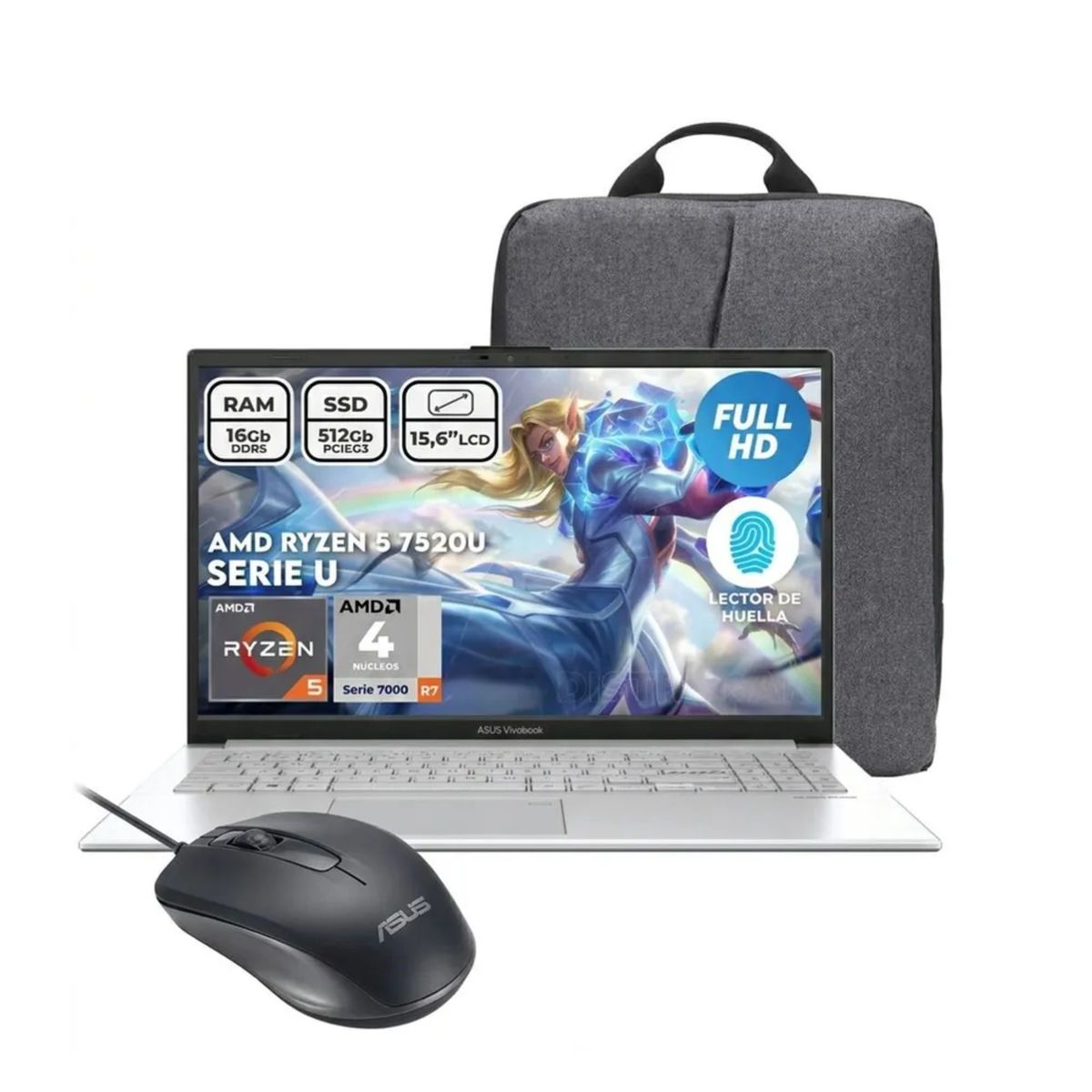 ASUS - PORTATIL  ASUS VIVOBOOK - RYZEN 5 7520U - DDR5 16GB - SSD 512 GB - 15.6" FHD + MALETA Y MOUSE