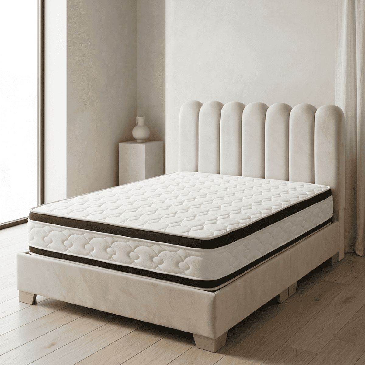 PLUMA HOME - Base Baul Doble Dividida+ Cabecero Montecarlo + Colchon Doble Pillow - Gratis 2Almohadas y Protector
