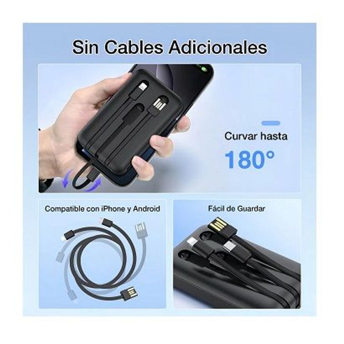 GENERICO - GAR261 Power Bank Mini Portátil 5000mAh con 3 Cables Negro