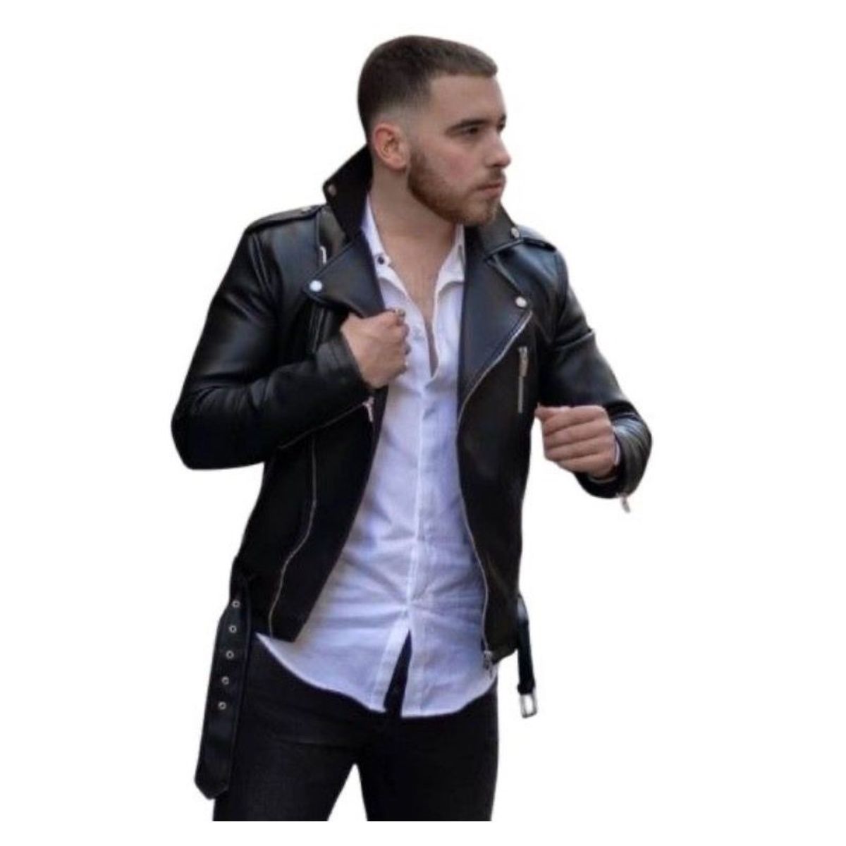 GENERICO - Chaqueta clásica con correa tipo cuero, para hombre