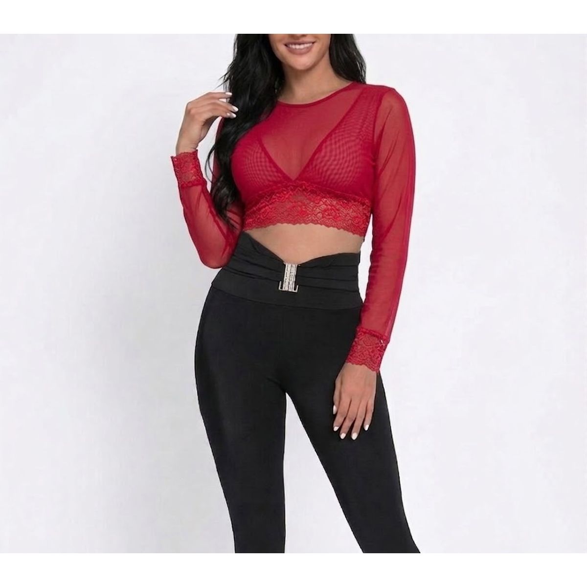VIA7 - Blusa Crop Top Manga Larga de Malla Negra y Encaje top negro pegado
