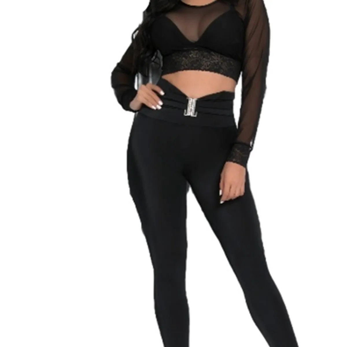 VIA7 - Blusa Crop Top Manga Larga de Malla Negra y Encaje top negro pegado