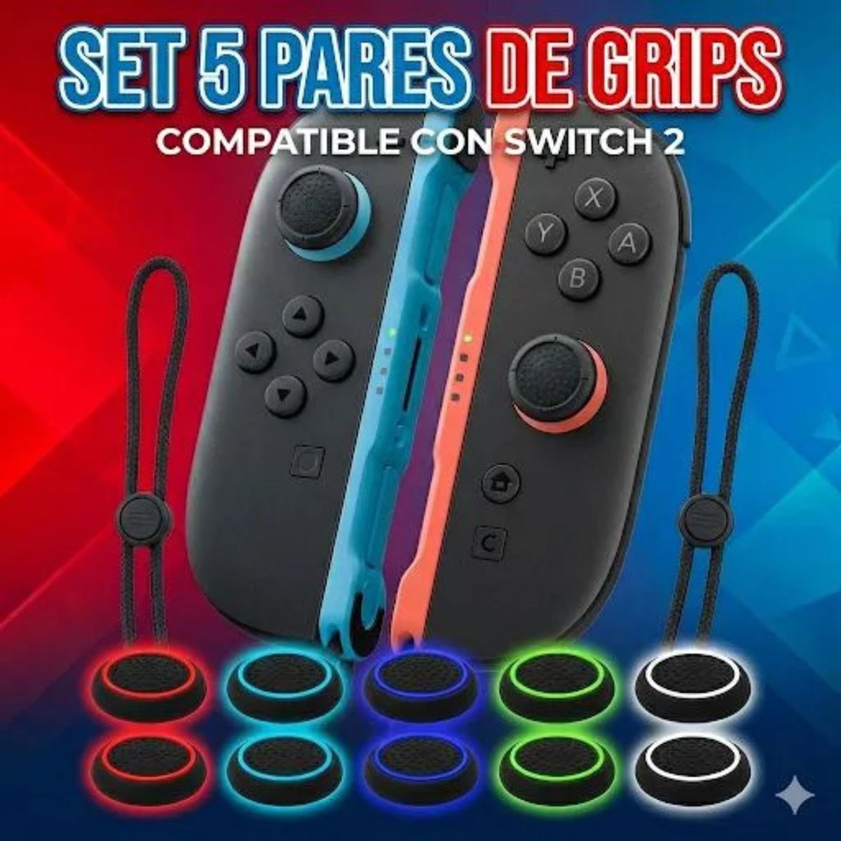 GENERICO - Set  5 Pares Grips Para Nintendo Switch 2 Genericos Control Negro