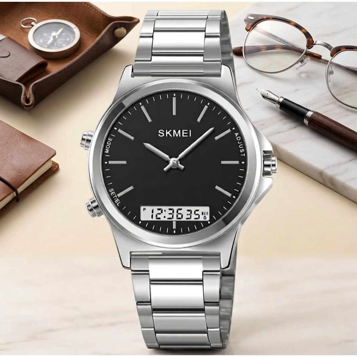 SKMEI - RELOJ SKMEI ORIGINAL ACERO DOBLE HORA 2120 SUMERGIBLE PLATEADO FONDO NEGRO