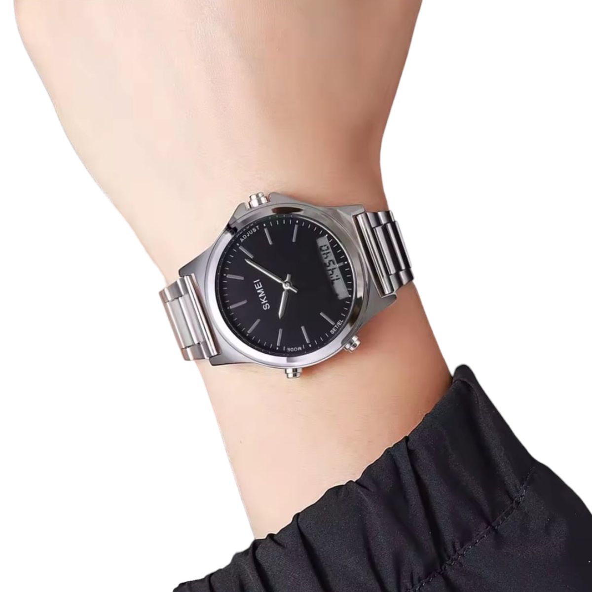 SKMEI - RELOJ SKMEI ORIGINAL ACERO DOBLE HORA 2120 SUMERGIBLE PLATEADO FONDO NEGRO