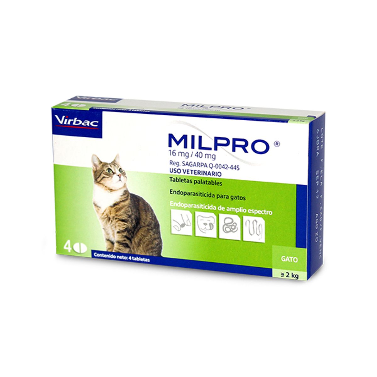 VIRBAC - Desparasitante Milpro Gato Adulto 16mg 2-12kg X4 Tabletas