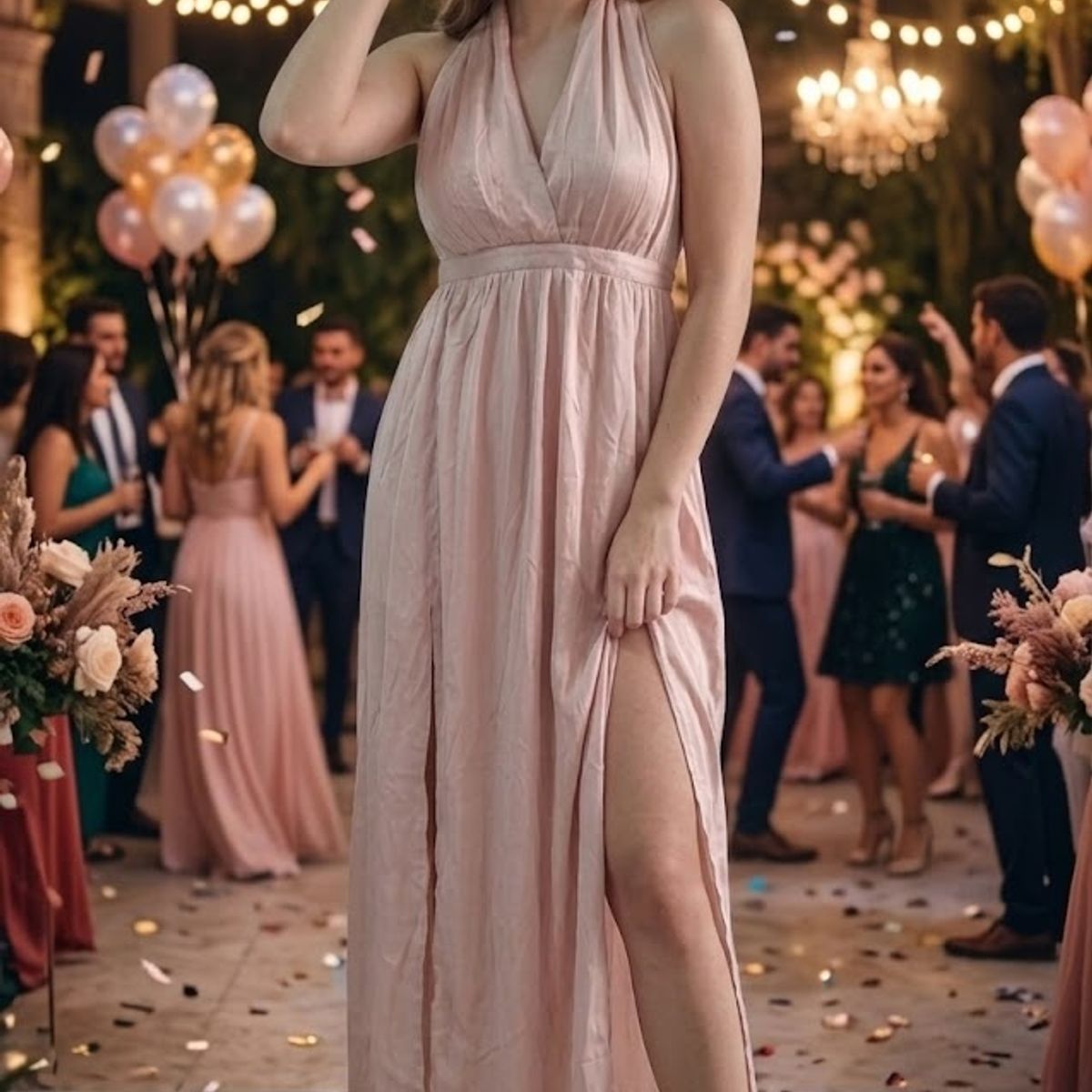 VIA7 - Vestido largo americano rosa escote busto V y en las piernas
