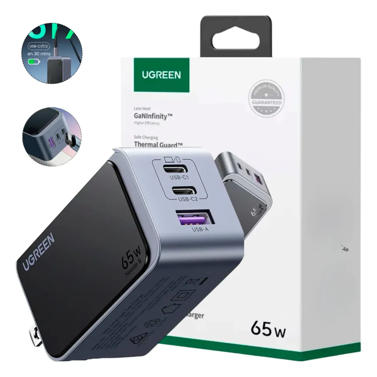UGREEN - Cargador Carga Rápida 65W, 3  Puertos GAN 1XUSB a 2XUSB C, Gris