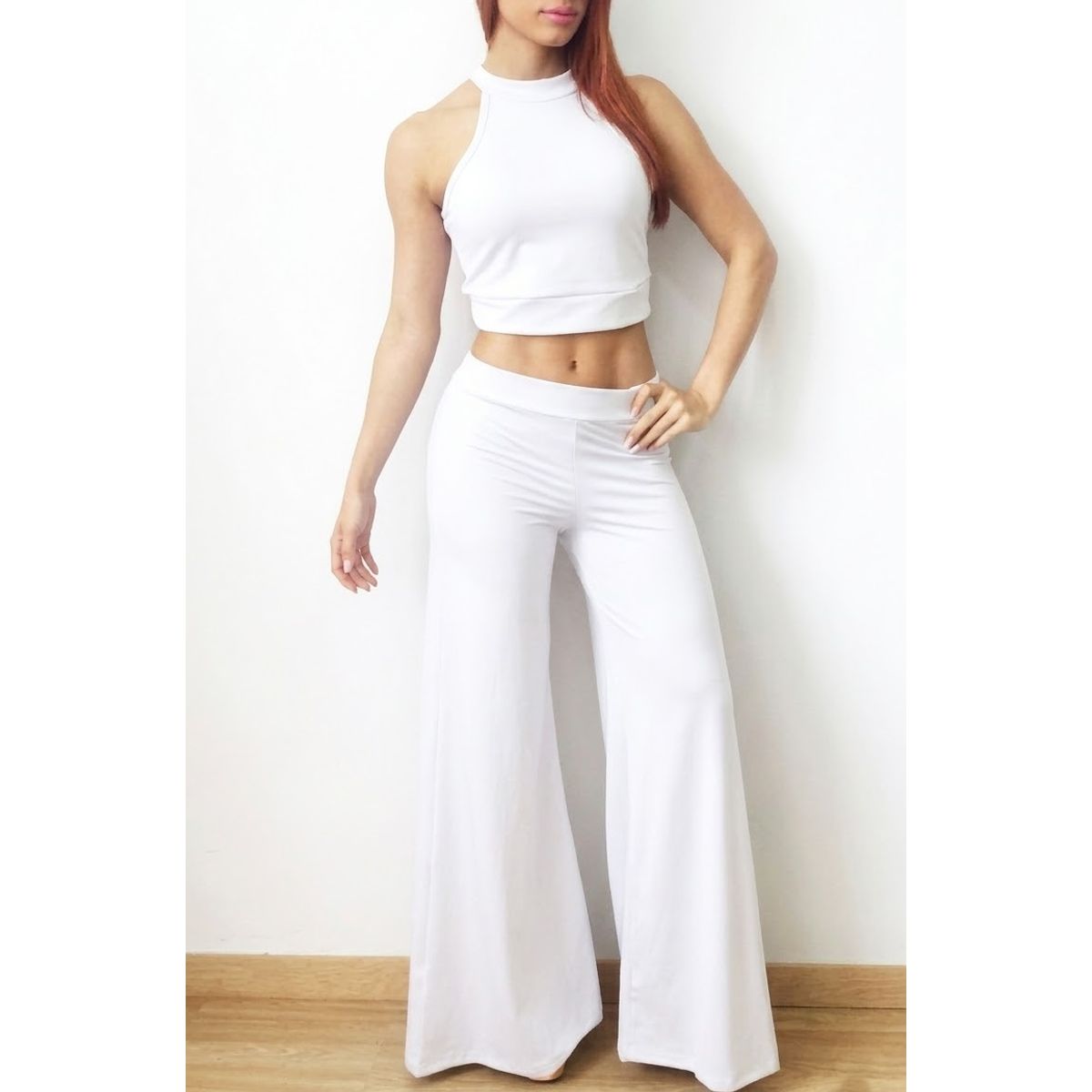 VIA7 - Pantalón Licrado Wide Leg - Talle Alto y Caída Fluida