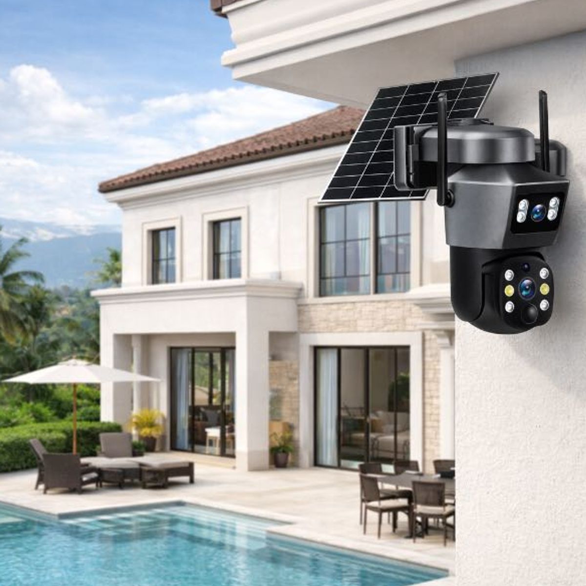 GENERICO - CAMARA DE SEGURIDAD CON PANEL SOLAR DOBLE LENTE Y DOBLE VIA WIFI
