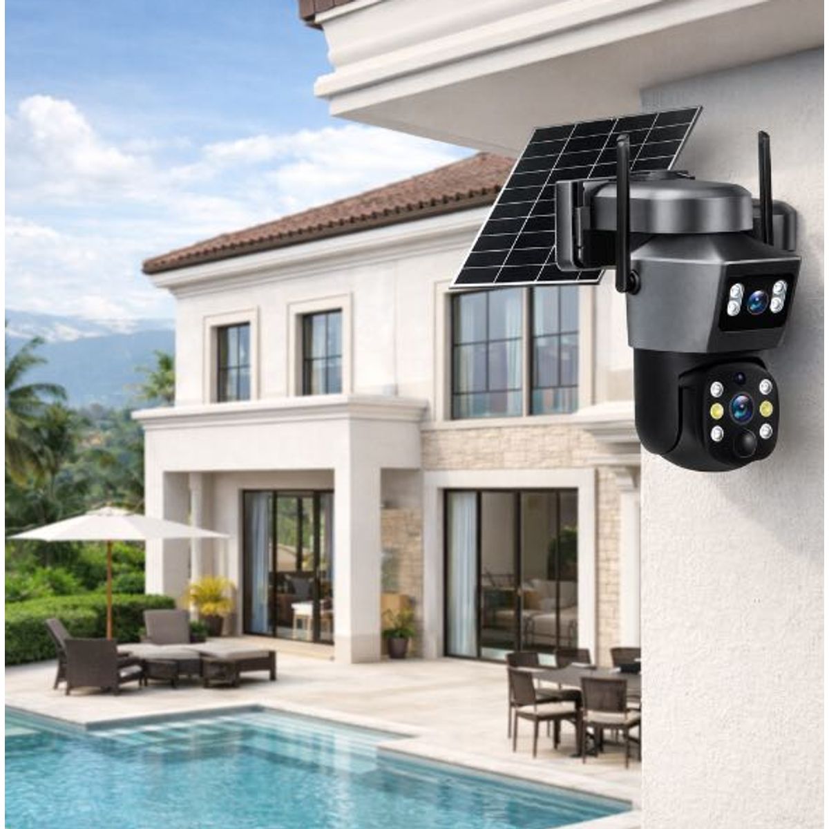 GENERICO - CAMARA DE SEGURIDAD CON PANEL SOLAR DOBLE LENTE Y DOBLE VIA WIFI