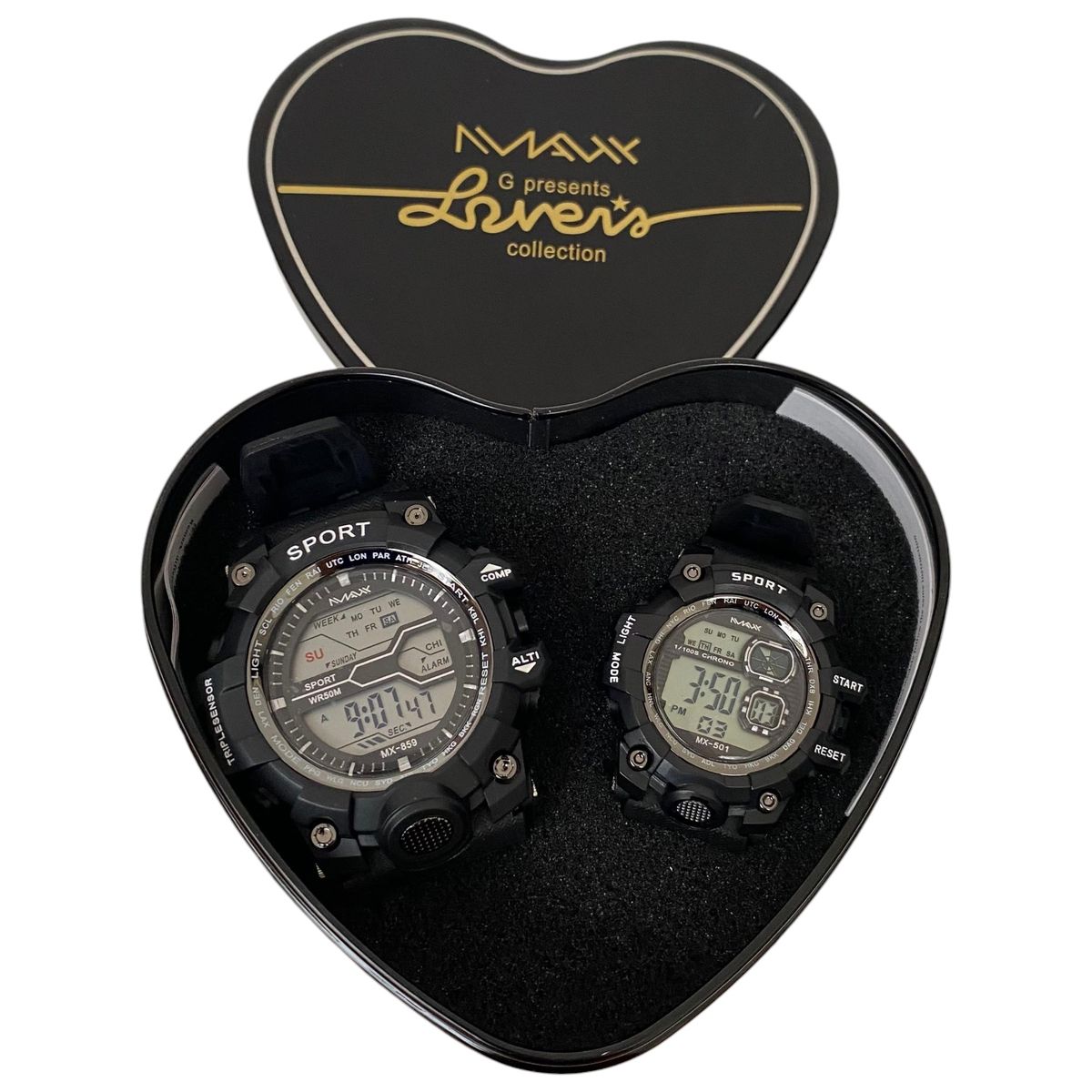 MAX - RELOJ MAX NEGRO PAREJA DIGITAL DEPORTIVO SUMERGIBLE + CAJA
