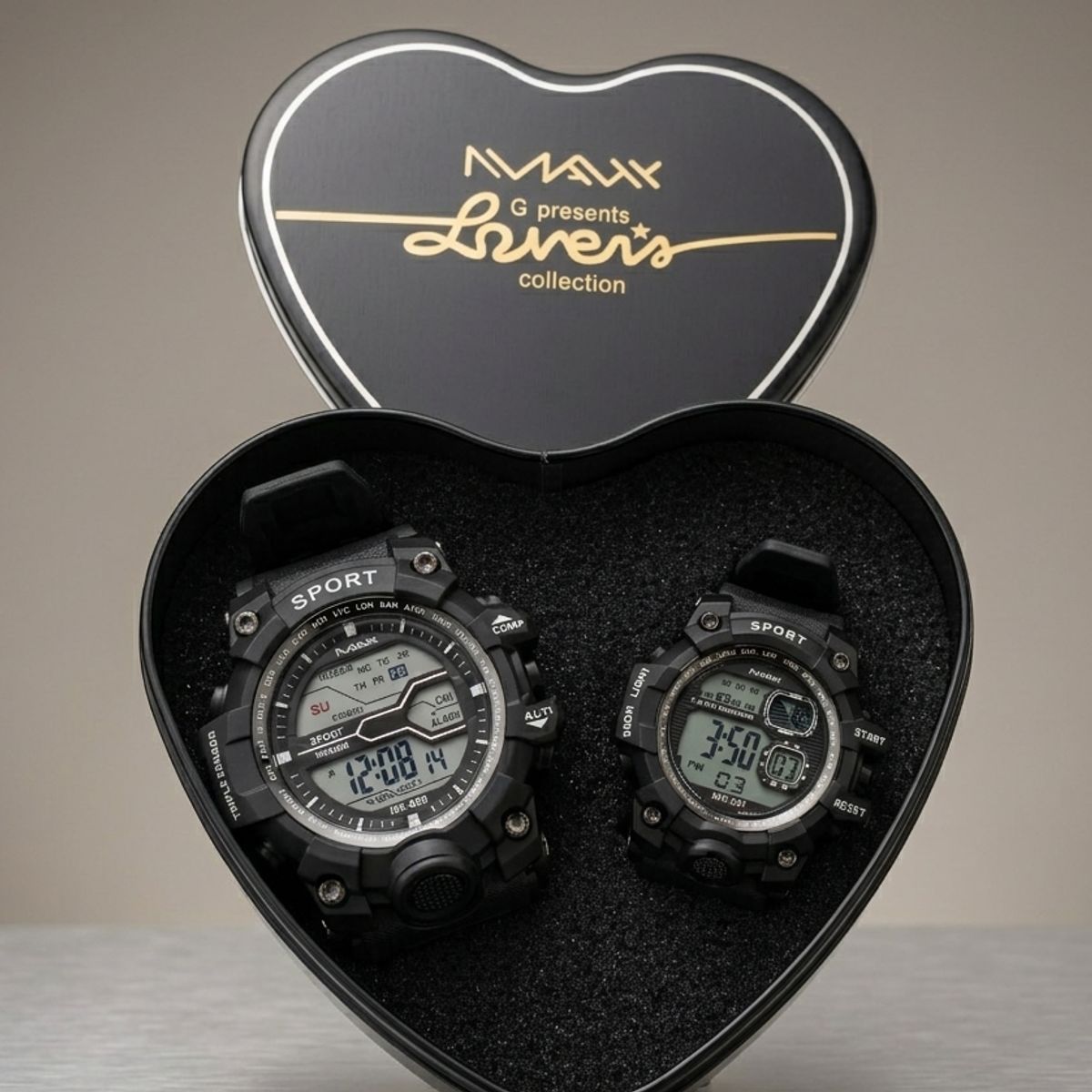 MAX - RELOJ MAX NEGRO PAREJA DIGITAL DEPORTIVO SUMERGIBLE + CAJA