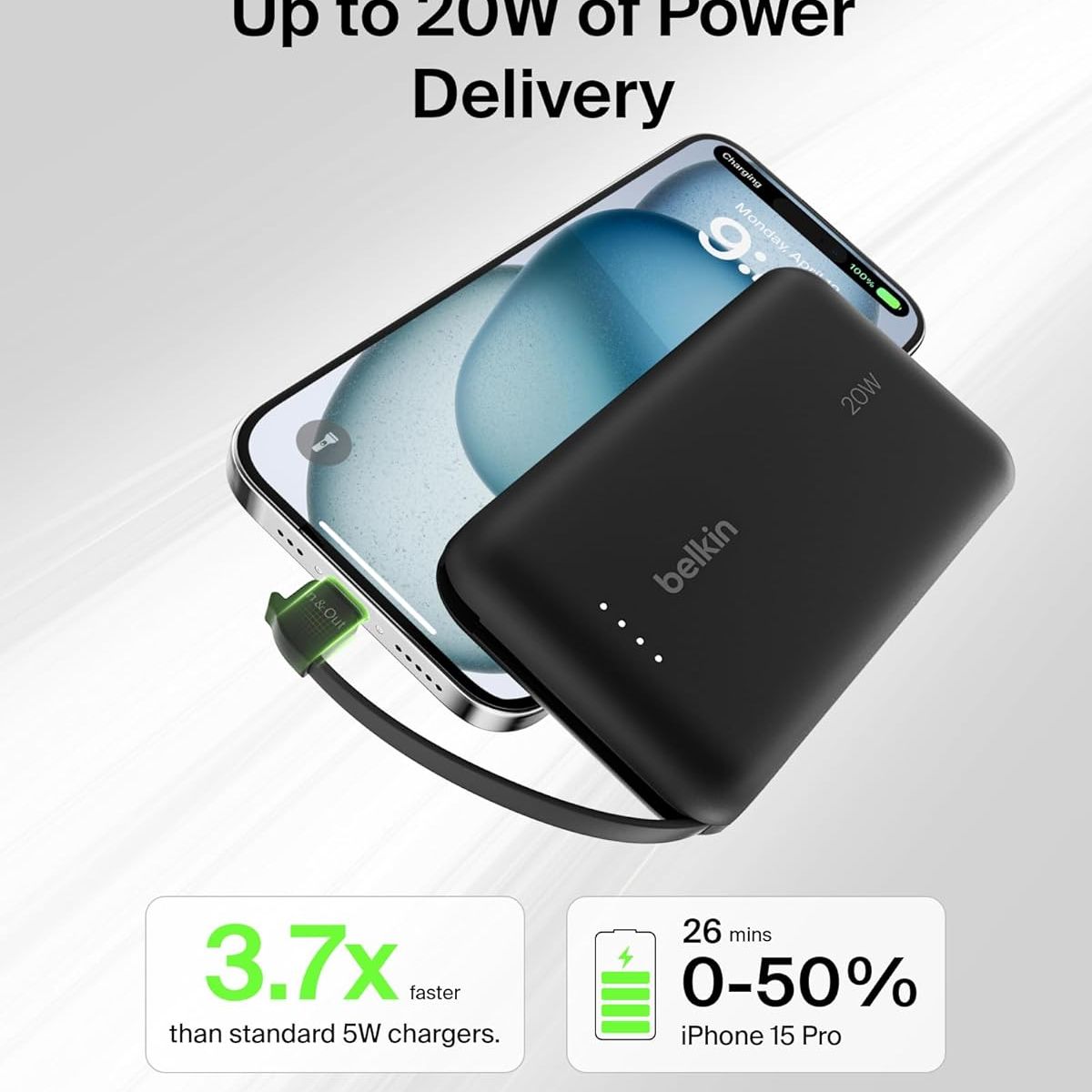 BELKIN - Power Bank Belkin 10.000 mAh 20W USB-C con Cable Integrado – Carga Rápida Portátil