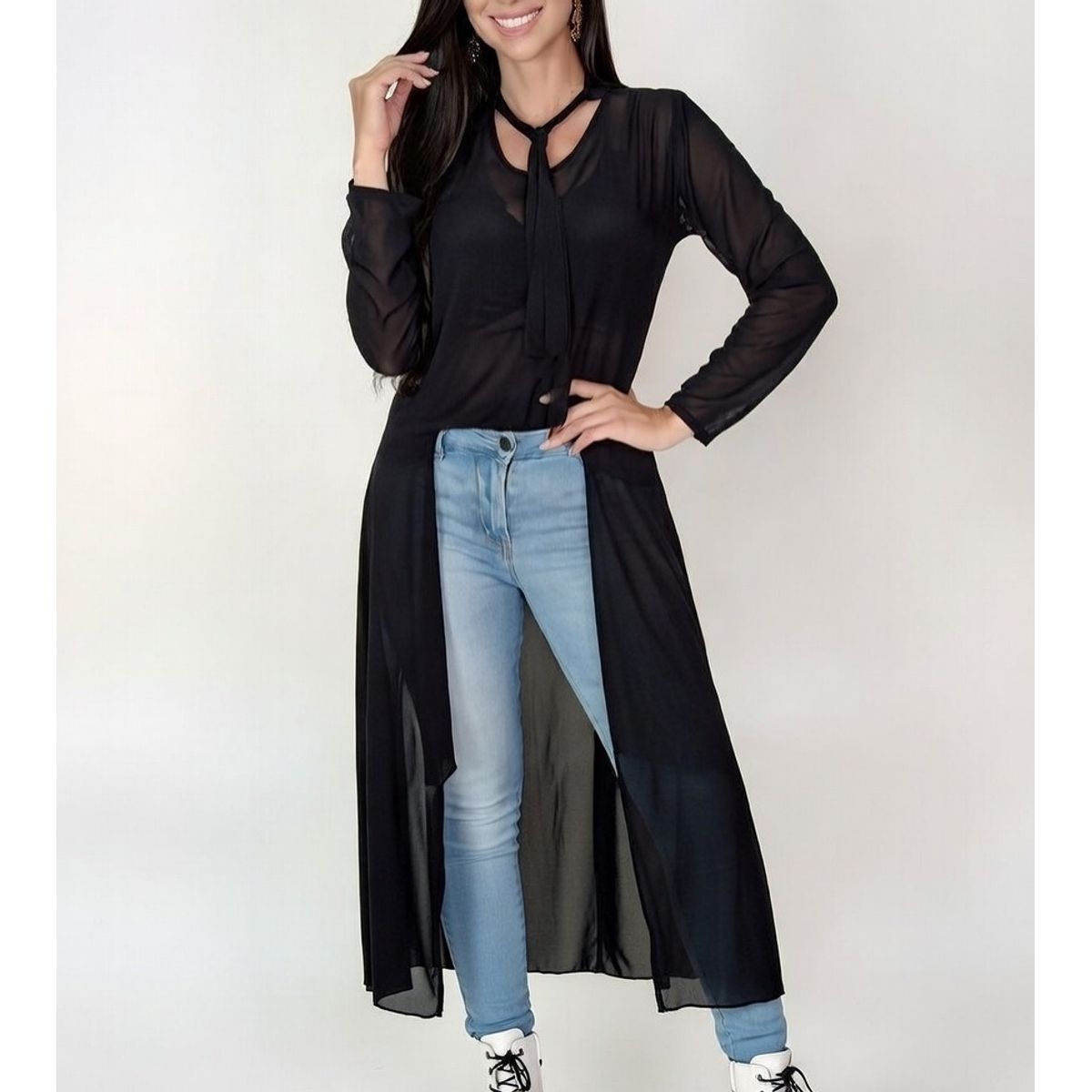 VIA7 - Conjunto de Dos Piezas Blusón Largo de Malla y Crop Top de Encaje