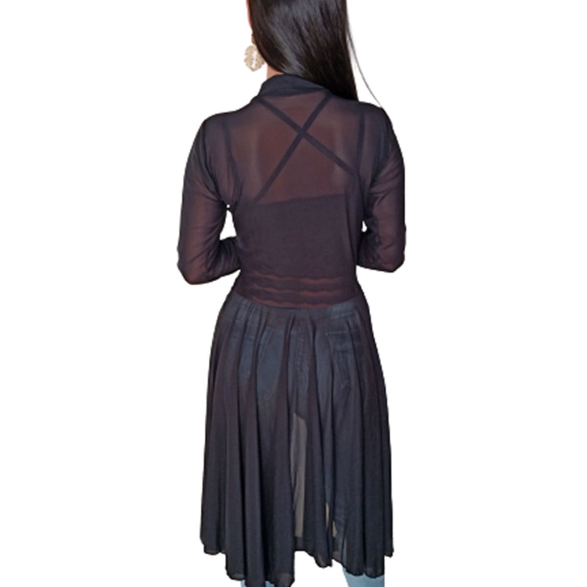 VIA7 - Conjunto de Dos Piezas Blusón Largo de Malla y Crop Top de Encaje