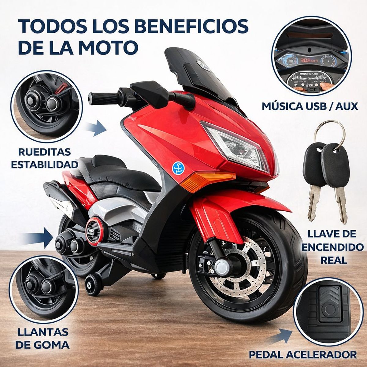 BRITOCHET - Moto Eléctrica Niño Rojo Nmax Luces Led Bluetooth Ev285