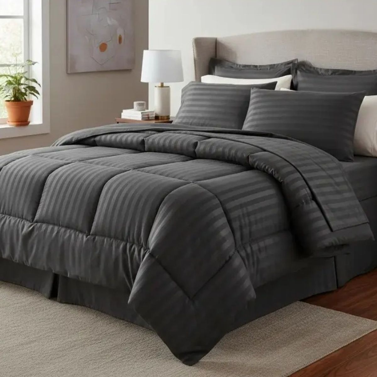 GENERICO - Edredon Tipo Plumon Cama Doble Gris Oscuro Steen Stripe