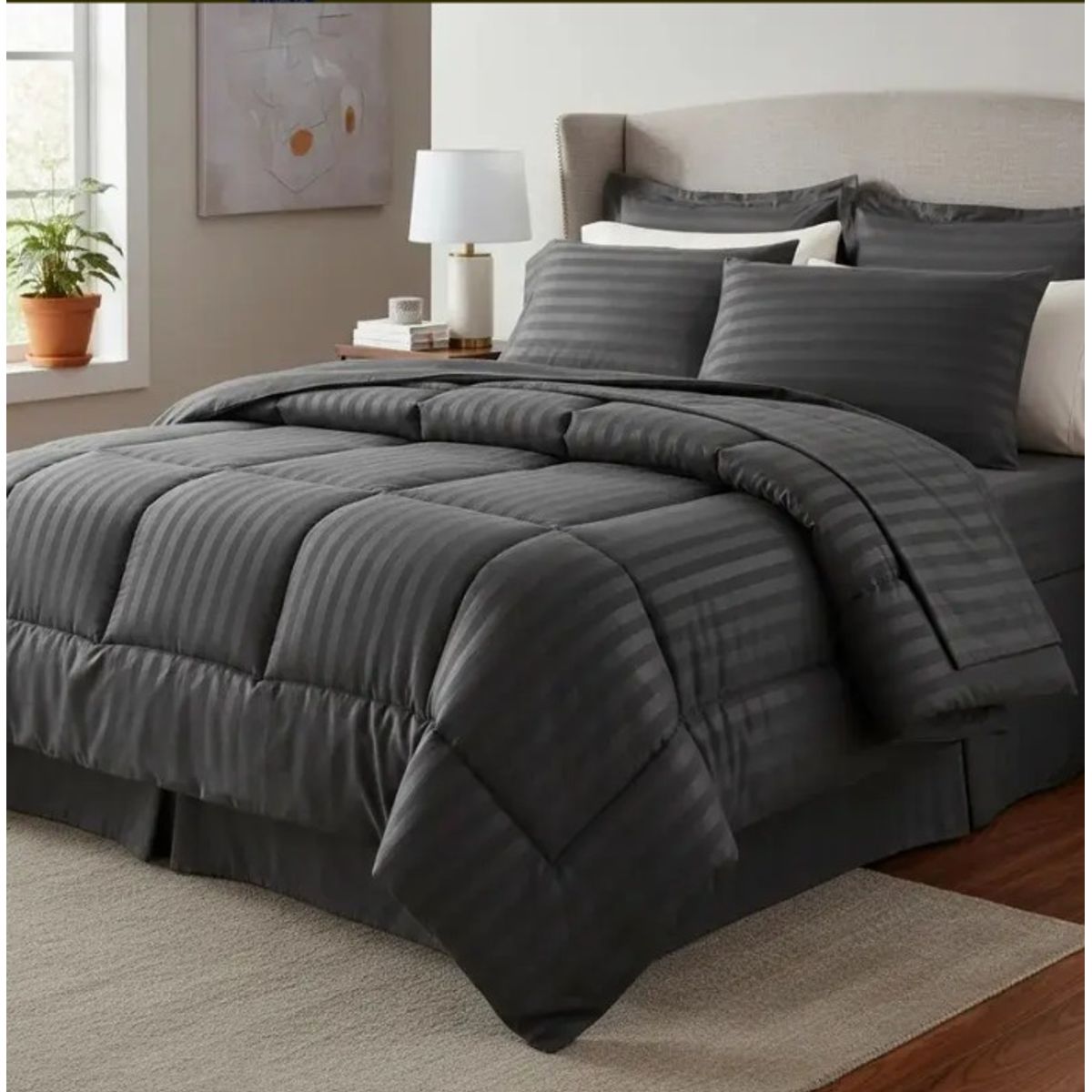 GENERICO - Edredon Tipo Plumon Cama Doble Gris Oscuro Steen Stripe
