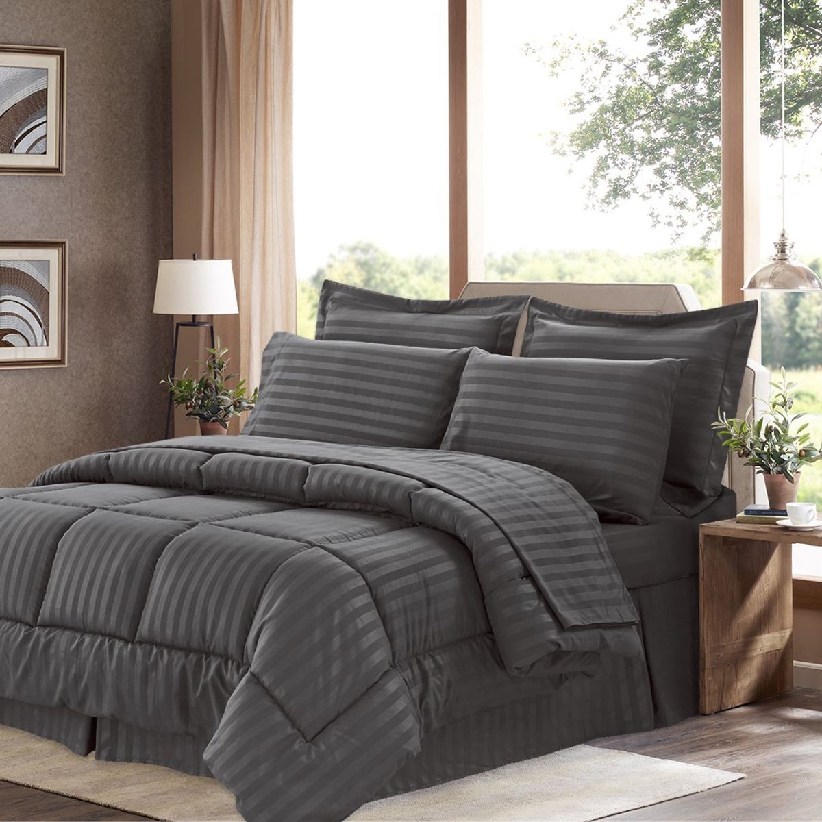 GENERICO - Edredon Tipo Plumon Cama Doble Gris Oscuro Steen Stripe