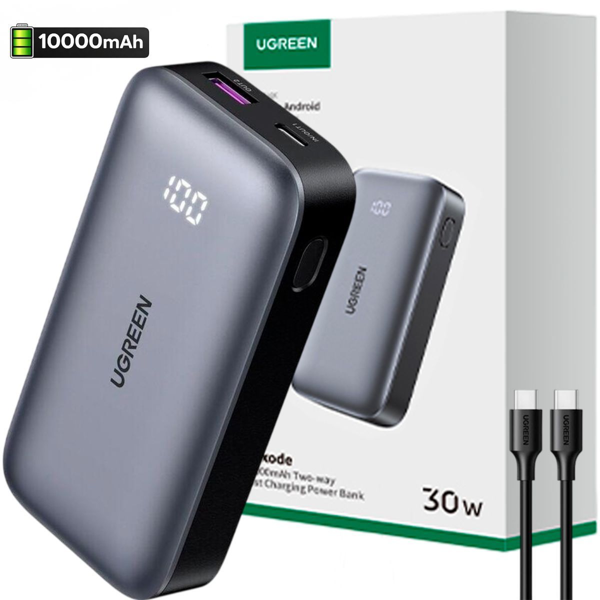 UGREEN - Mini Power Bank  de 30W 10.000 mAh con 2 Puertos USB C+A Carga Rápida