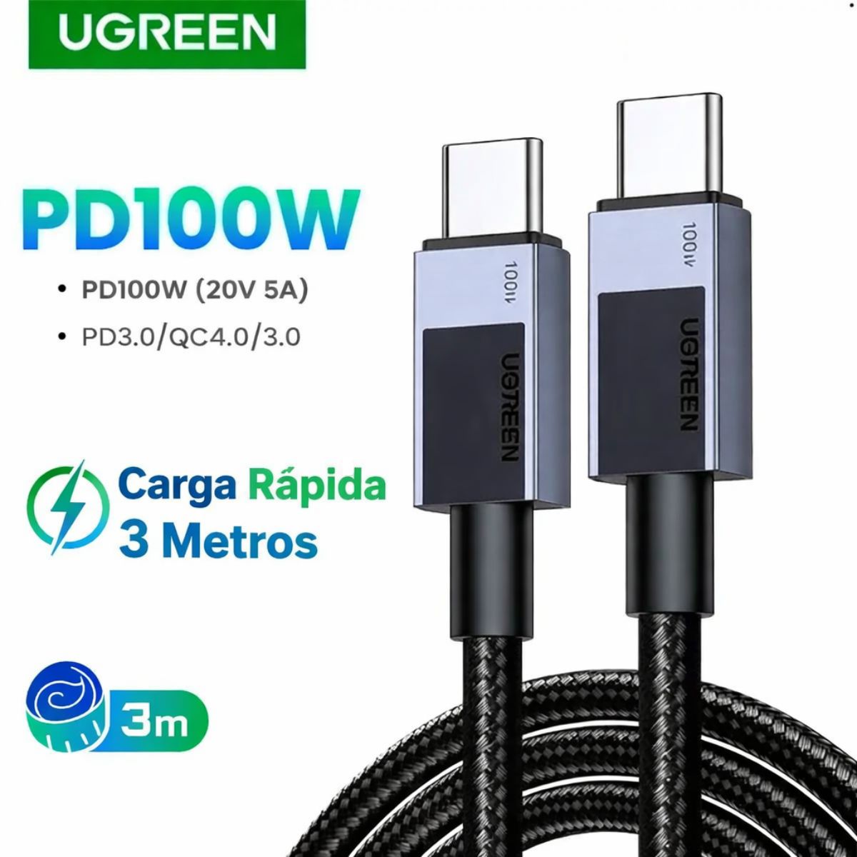 UGREEN - Cable  Carga Rápida  100W Tipo C a USB-C PD Trenzado Alta Resistencia 3 Metros