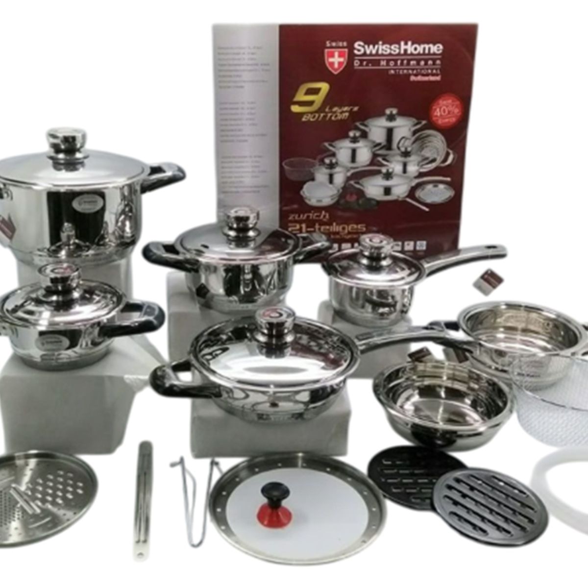 GENERICO - Set de Ollas 21 Piezas en Acero Quirúrgico SWISSHOME – Alta Calidad y Cocina Saludable