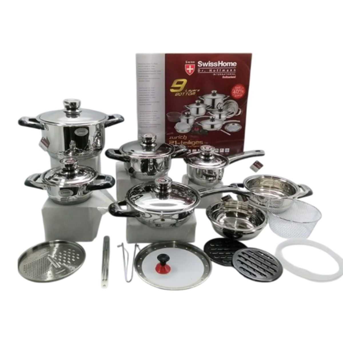 GENERICO - Set de Ollas 21 Piezas en Acero Quirúrgico SWISSHOME – Alta Calidad y Cocina Saludable