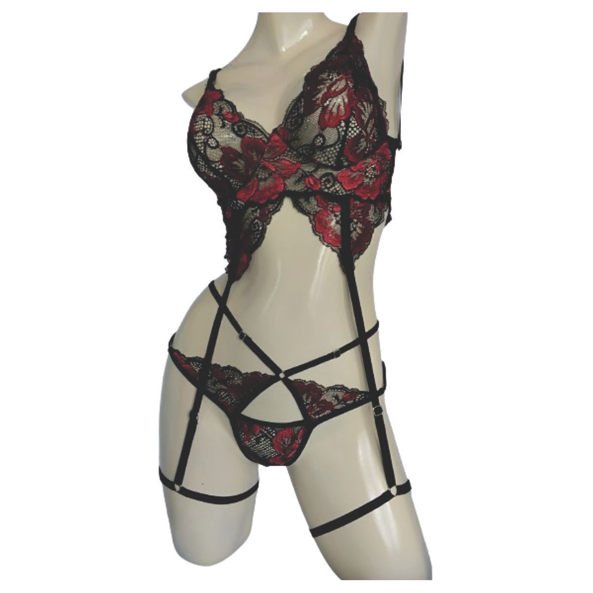 RAINBOW MODA - Lenceria Mujer Set Lencería Erótica Encaje Floral Negro Rojo sexy
