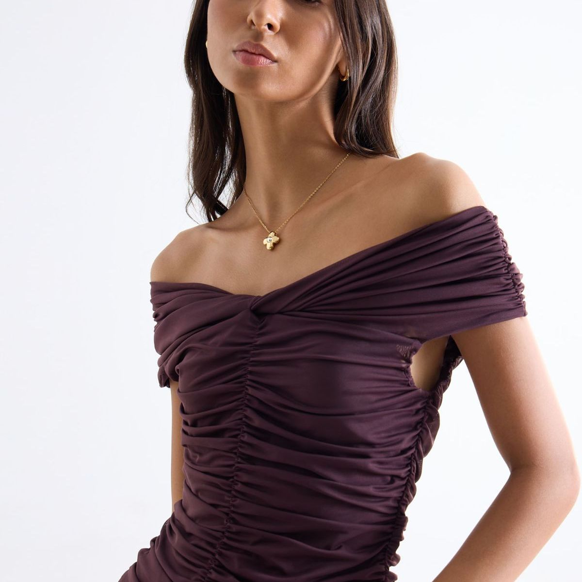 SEVEN SEVEN - Top Drapeado Hombros Descubiertos  Para Mujer Café Seven Seven