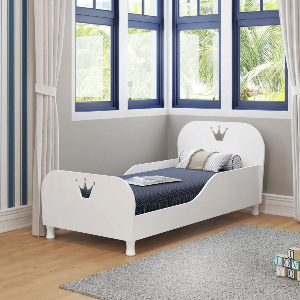 JYM - Cama Infantil Individual Rey Reina Mini Blanca MDF Moderna de 188 X 88 cm