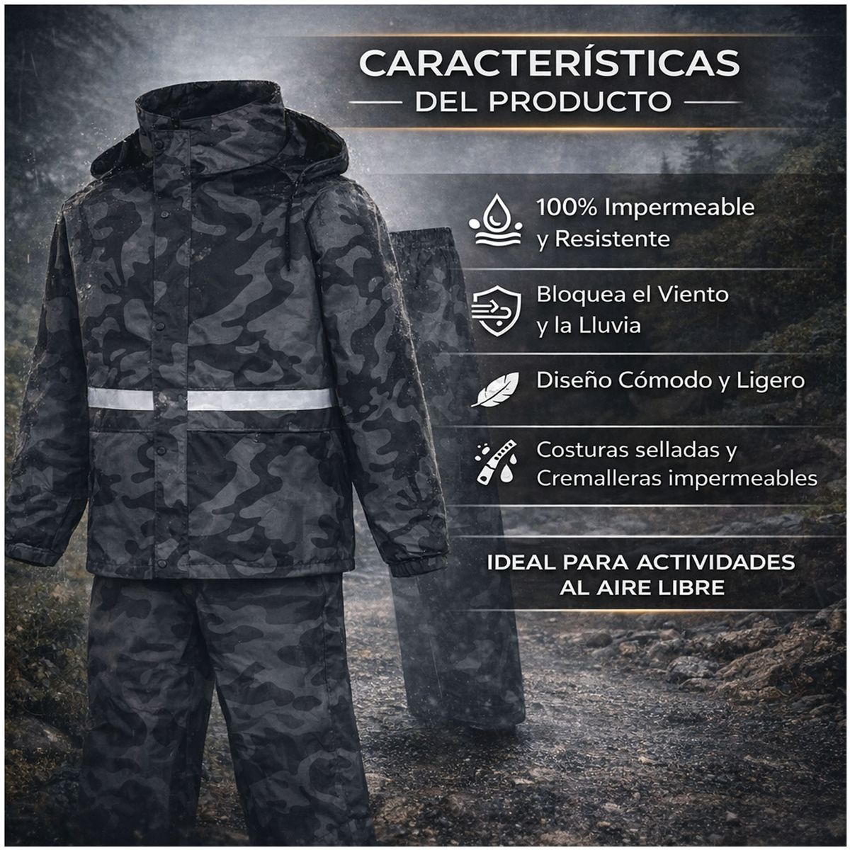 ONE PIXEL - Chaqueta Pantalón Impermeable Camuflado Con Capota Negro