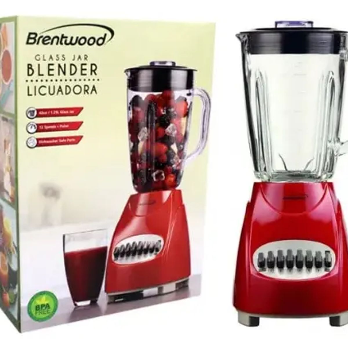 BRENTWOOD - Licuadora Brentwood Roja 12 Velocidades Vaso Vidrio 1.2l