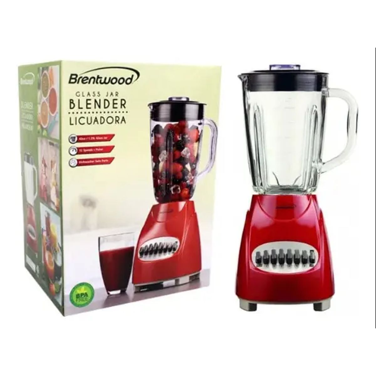 BRENTWOOD - Licuadora Brentwood Roja 12 Velocidades Vaso Vidrio 1.2l