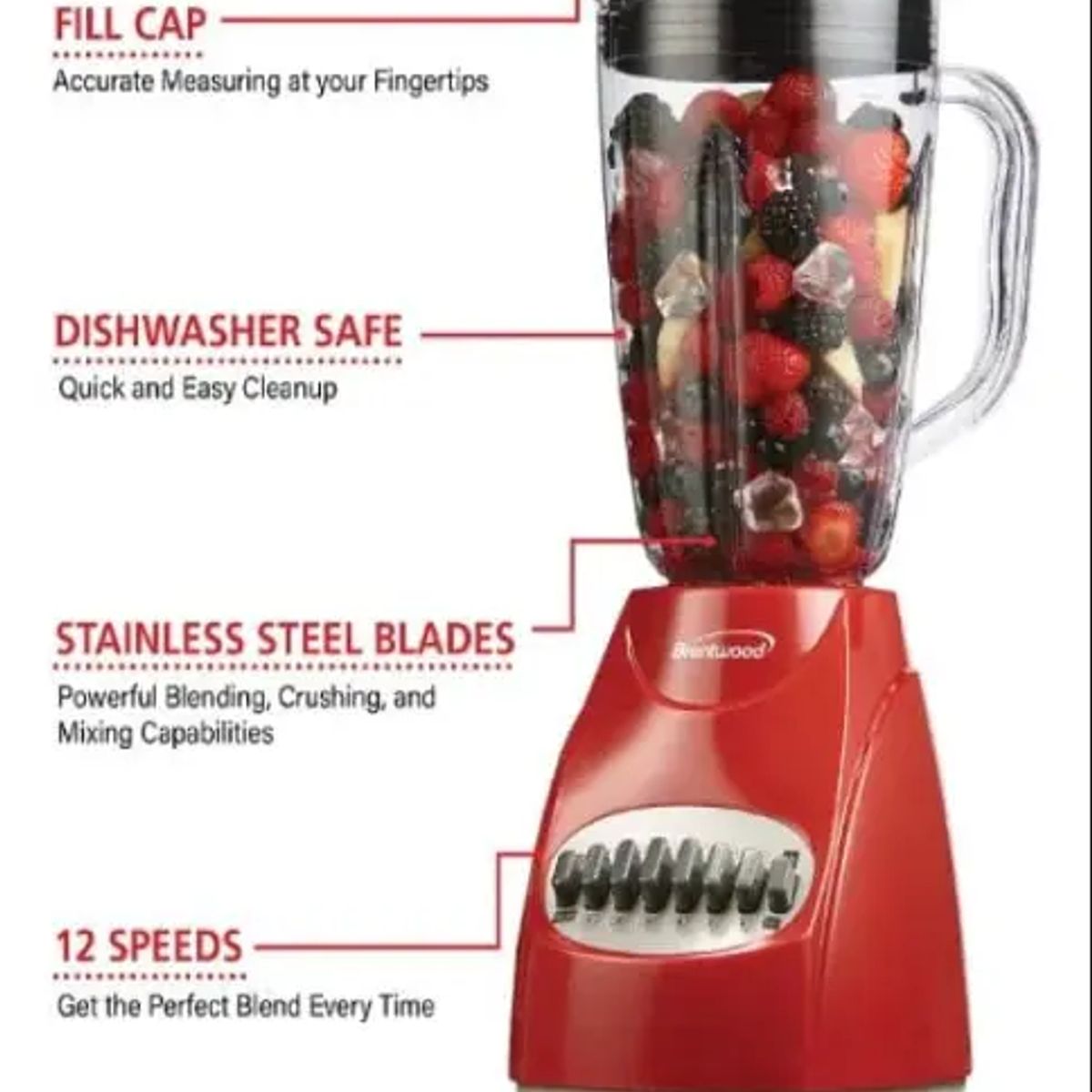 BRENTWOOD - Licuadora Brentwood Roja 12 Velocidades Vaso Vidrio 1.2l