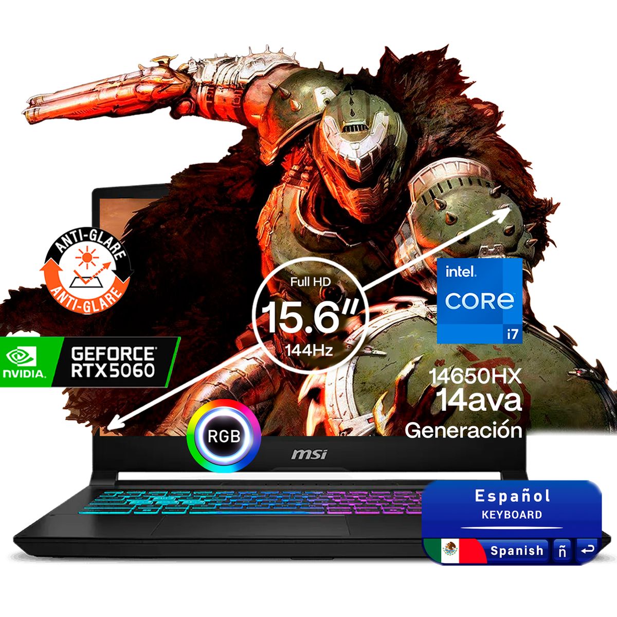 MSI - Portátil Gamer MSI Katana Intel Core 7 14650HX RAM 24GB SSD 4 TB RTX 5060 8 GB 144HZ