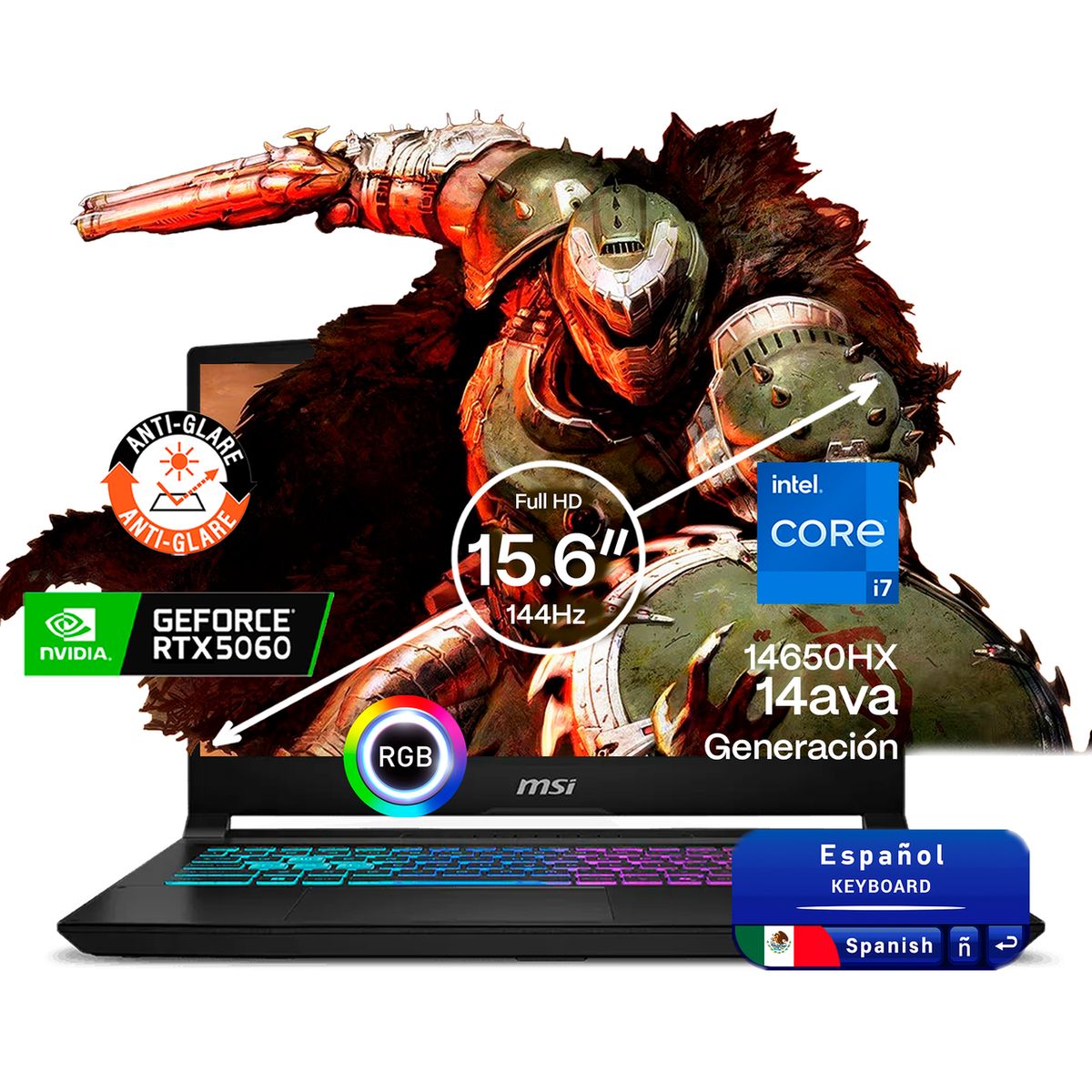 MSI - Portátil Gamer MSI Katana Intel Core 7 14650HX RAM 24GB SSD 4 TB RTX 5060 8 GB 144HZ