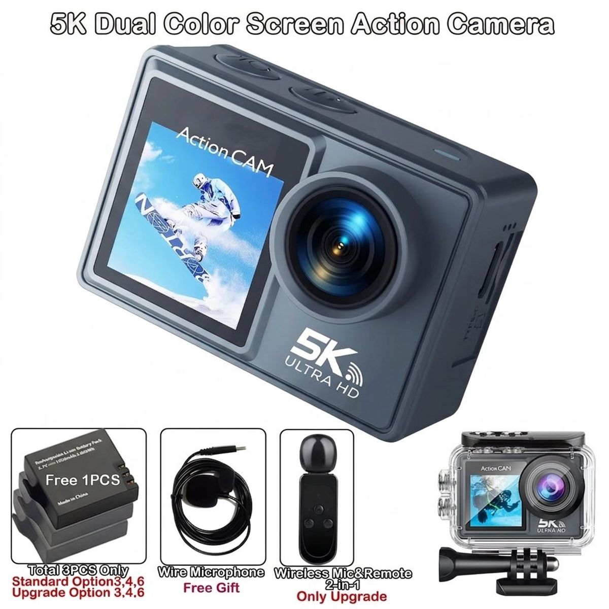GENERICO - Cámara de acción 5K 4K60FPS con doble pantalla LCD táctil IPS