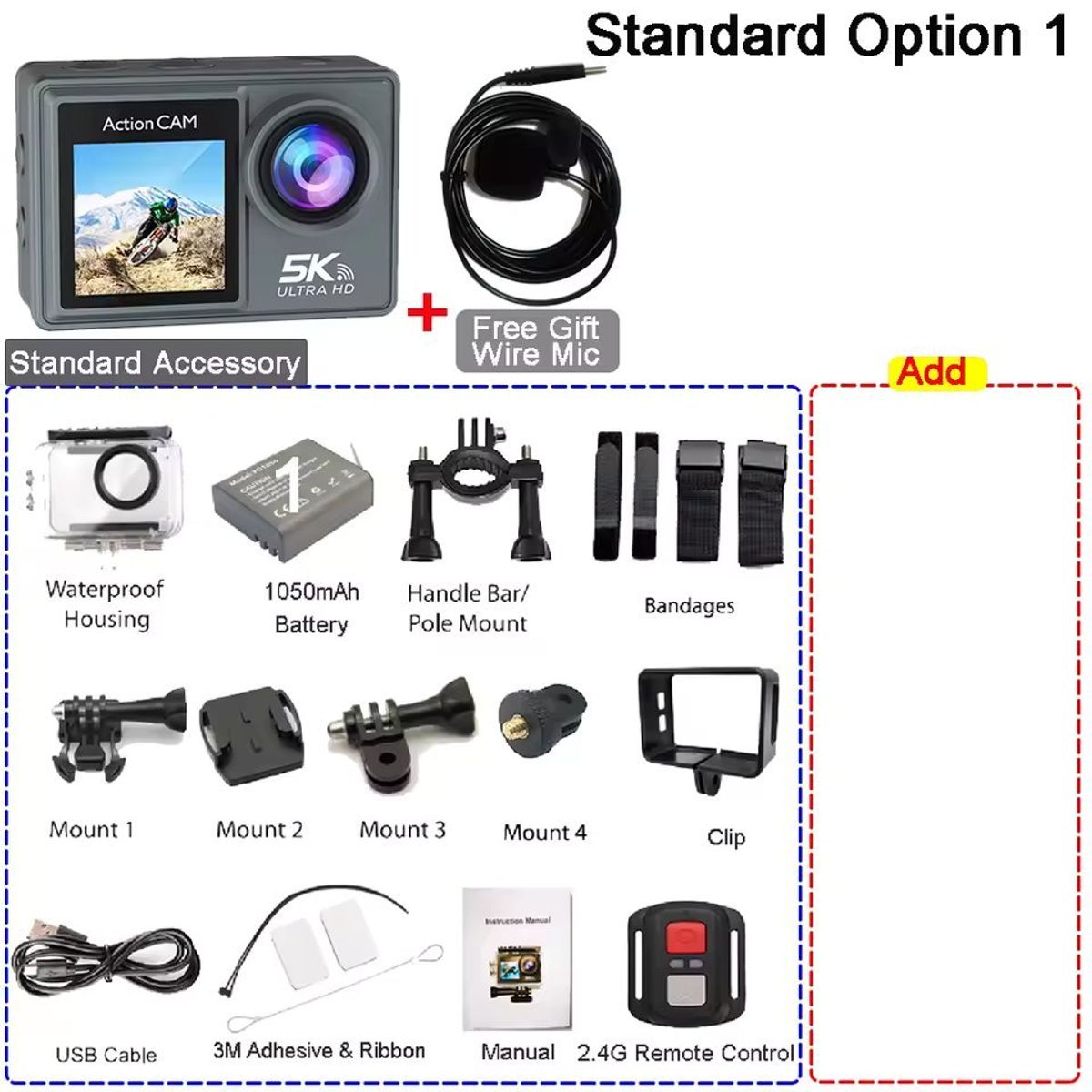 GENERICO - Cámara de acción 5K 4K60FPS con doble pantalla LCD táctil IPS