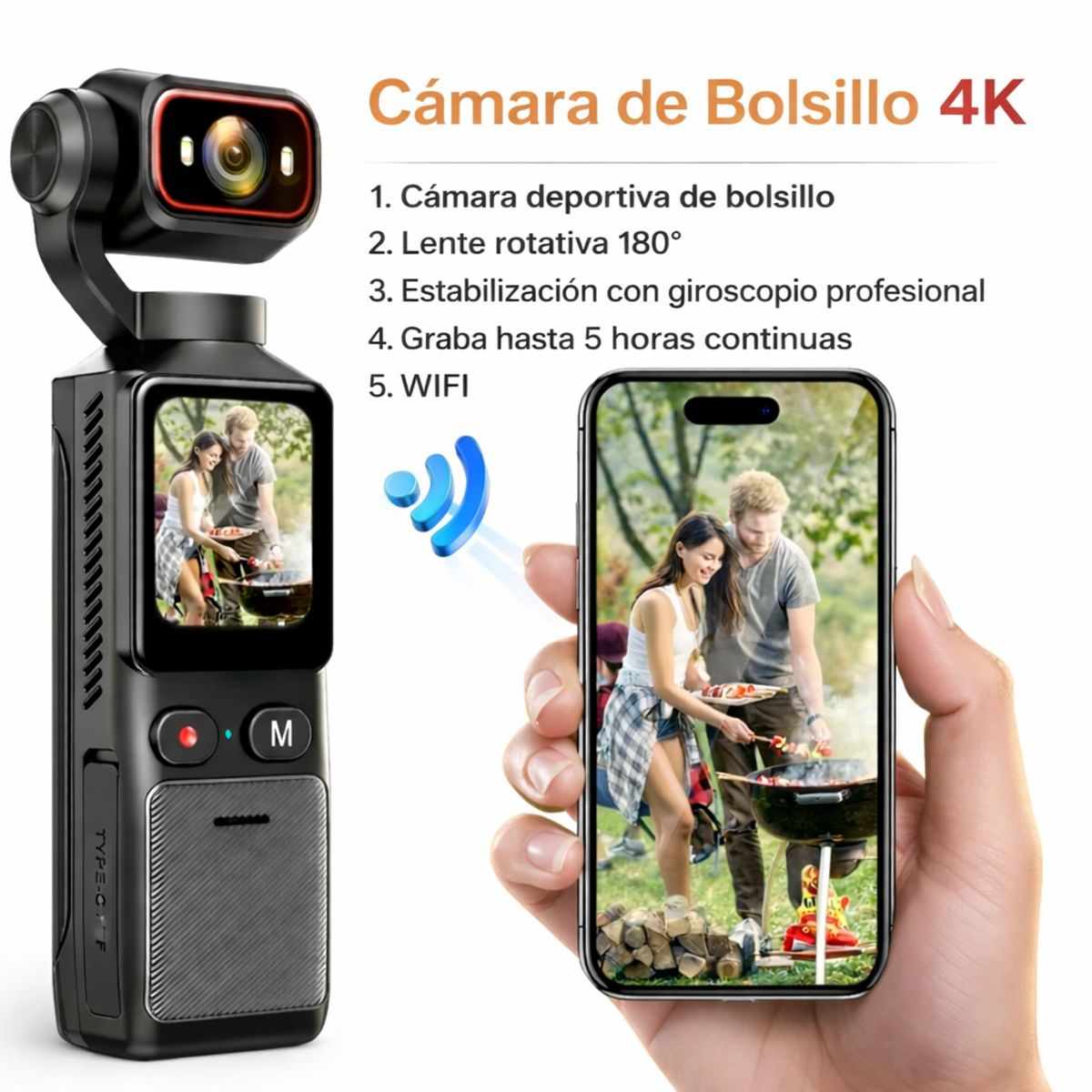 GENERICO - Cámara Deportiva de Bolsillo 4K WiFi Pro con Lente Giratoria 180° y Estabilización