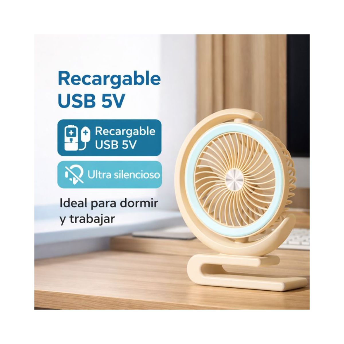 GENERICO - Ventilador Pequeño Recargable Led Escritorio Silencioso 180°