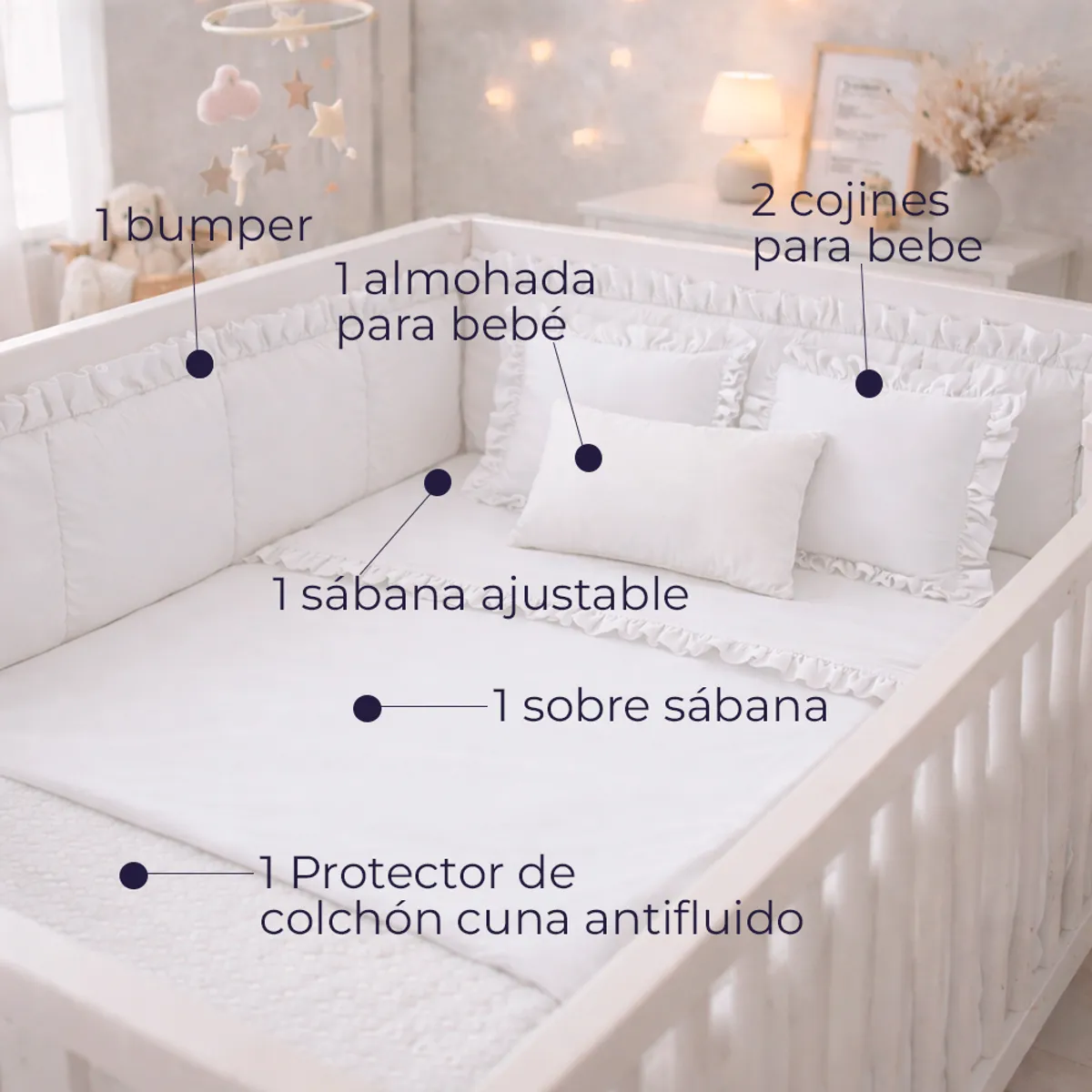 LILE - Combo para Cuna Bebé Sábanas+Bumper+Almohada+Cojines+Protector de Cuna