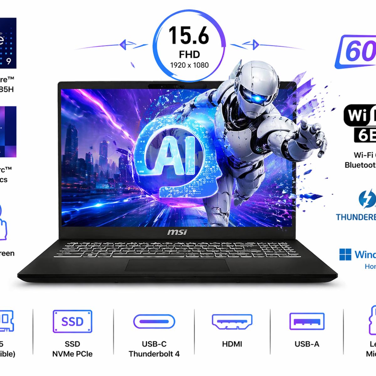 MSI - Portátil MSI Modern 15 H AI Intel Ultra 9 185H RAM 32GB SSD 256 GB Intel Arc Graphics NA 60Hz