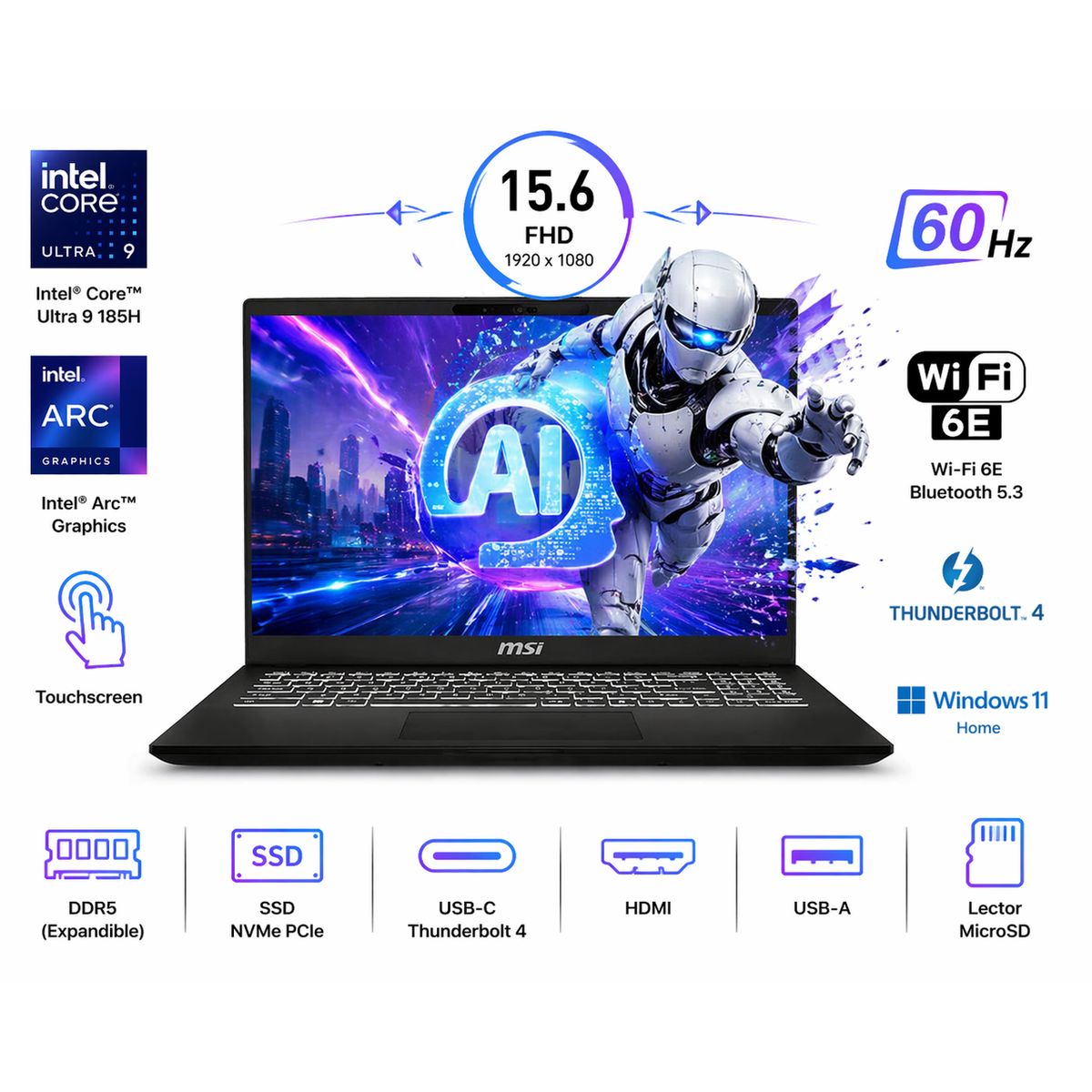 MSI - Portátil MSI Modern 15 H AI Intel Ultra 9 185H RAM 32GB SSD 256 GB Intel Arc Graphics NA 60Hz