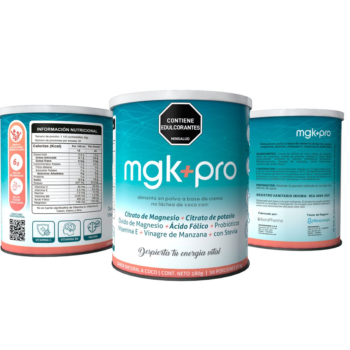 BIOSYNERGIC - Mgk+Pro Alimento en Polvo con Citrato de Magnesio, Potasio con Probióticos  180g