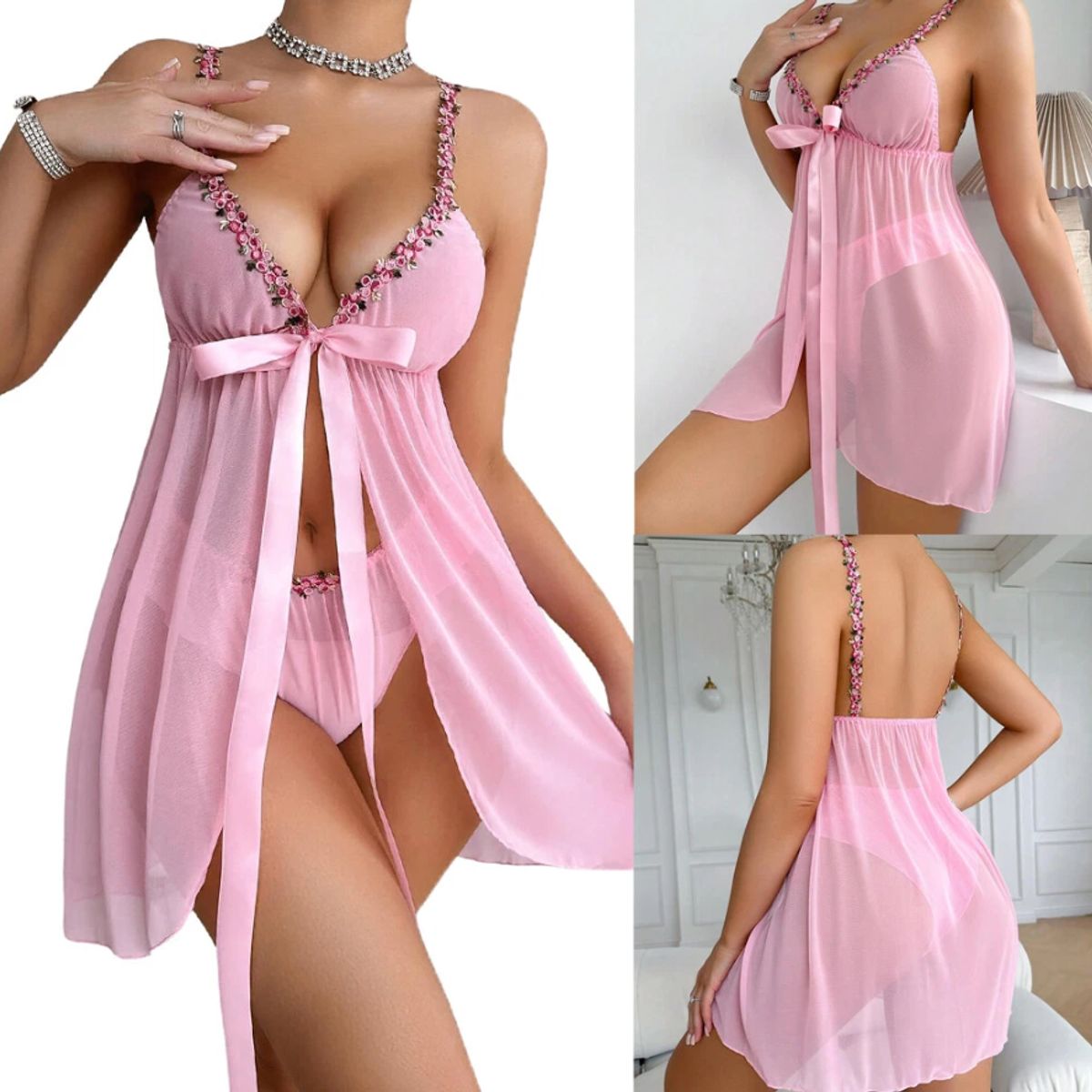 GENERICO - Conjunto Lencería Sexy Babydoll Pijama Suave L XL Rosado