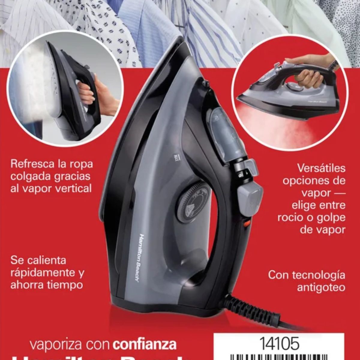 HAMILTON BEACH - Plancha de Ropa a Vapor Hamilton Beach 14105 Suela Extraglide