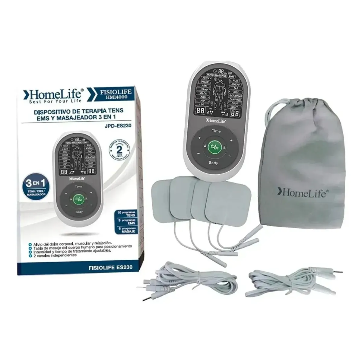 HOME LIFE - Dispositivo De Terapia Tens Ems Y Masajeador 3 En 1 Homelife HM14000 JPD-ES230 FISIOLIFE